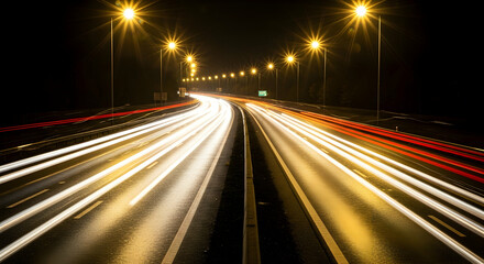 Illuminated highway at night with long exposure light trails creating dynamic streaks