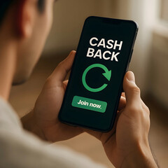 Person holding a smartphone displaying a cashback offer with a join now button
