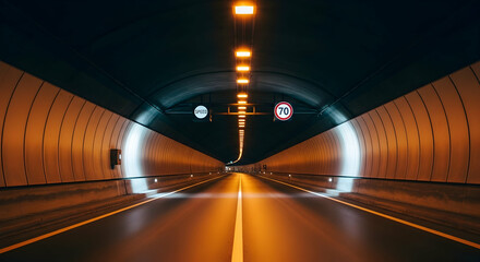 Illuminated Highway Passage Through Underground Tunnel With Speed Limit Signs