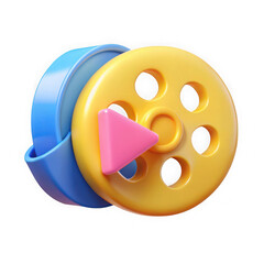Obraz premium 3d yellow film reel with pink play button and blue spool isolated on transparent background