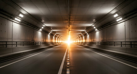 Illuminated highway tunnel with perspective view highlighting safe transportation systems