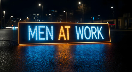 Illuminated Men at Work Sign Reflecting on Wet Pavement at Night Urban Scene