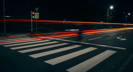 Night cityscape with light trails on the road and pedestrian crossing zone area