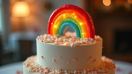 Wedding cake with a rainbow on top. 