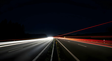 Night Highway With Light Streaks Leading Into Darkness And Dense Green Trees