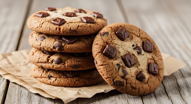 Stacked chocolate chip cookies with melted chunks, rustic presentation - Powered by Adobe