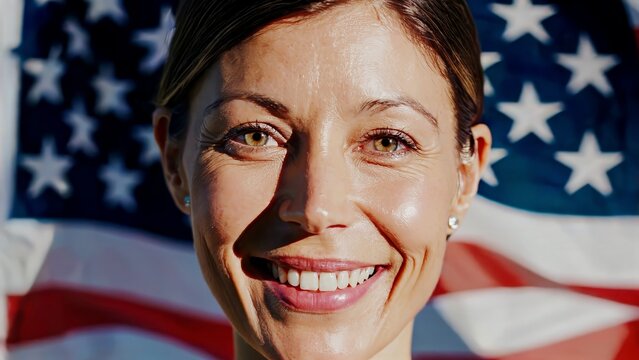 Close up portrait of smiling businesswoman standing near waving United States flag, radiating professional pride and national spirit in workplace environment