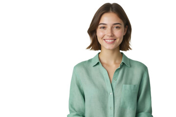 A young woman with brown hair and a warm smile gazes directly at the camera, wearing a light green shirt against a soft gray background.