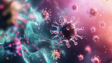 Colorful digital illustration of coronavirus particles in a microscopic environment.