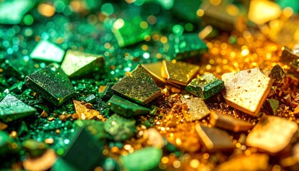 Close-up of vibrant green and gold glitter shards