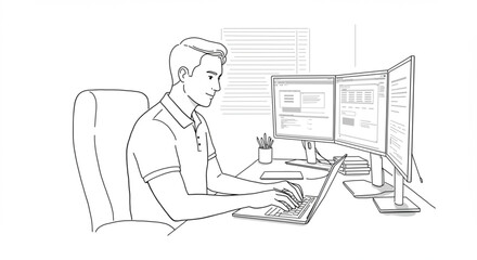 A focused male professional working on a laptop at a modern office desk with a multiple monitor setup. Line art vector illustration for business and technology concepts.