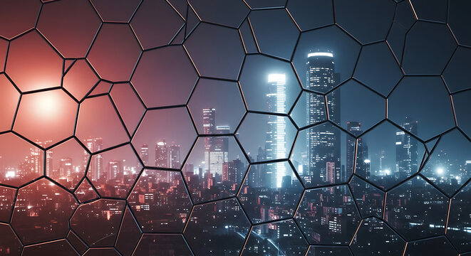 A city skyline viewed through a geometric, hexagonal grid, creating a stylized perspective.