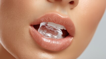 Close-up of glossy lips touching an ice cube symbolizing cold sensation and purity with delicate skin details, Generative AI