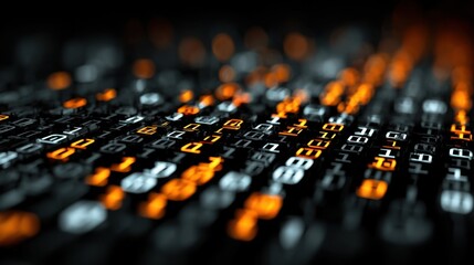 Fototapeta premium Illuminated digital code glows against a dark background, displaying a mixture of vibrant orange and white characters in various patterns. This visualization represents complex data.