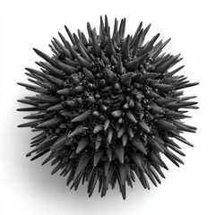 A striking black sculpture features a multitude of sharp spikes and textures, reminiscent of a sea urchin. Set against a clean white background, it highlights artistic design and form.