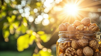 Walnuts In Glass Jar Outdoors