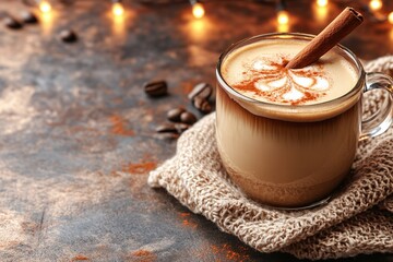 Warm Beverage with Cinnamon Stick and Coffee Beans on Rustic Surface