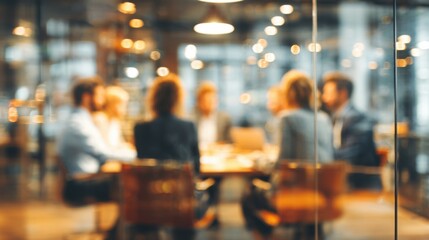 Obraz premium A group of professionals engages in a business meeting around a conference table in a modern office. Bright light streams through large windows, creating a productive atmosphere.