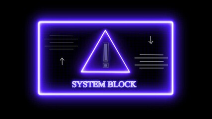 Glowing neon system block attempting to break into a digital animation system with a lock icon on the screen, and a warning message appearing as the system block the breach.computer code and dark cyb