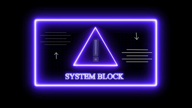 Glowing neon system block attempting to break into a digital animation system with a lock icon on the screen, and a warning message appearing as the system block the breach.computer code and dark cyb