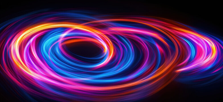 Colorful swirling light trails creating dynamic abstract patterns in dark background.