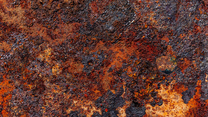 Old burnt fat on rusty surface, metal corrosion close-up, grunge textured background