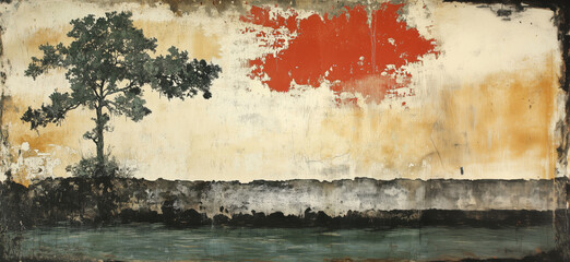 Fototapeta premium Lonely tree silhouette against textured background with red cloud and water reflection.