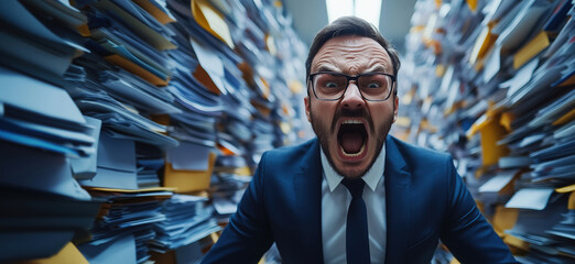 Frustrated businessman overwhelmed by paperwork in chaotic office environment.