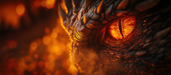 Majestic dragon eye glowing with fiery intensity amidst molten lava background.