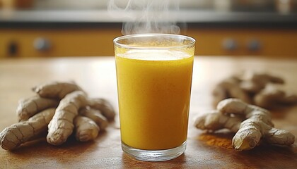 Warm Golden Spice Drink with Fresh Ginger Roots on Wooden Surface