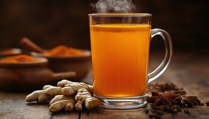 Warm Golden Turmeric Drink Steaming In Glass Mug On Wooden Table