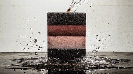 Water Splashing On Multi Layered Dark Brown And Black Textured Block