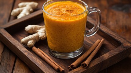 Warm Turmeric Beverage with Ginger and Cinnamon on Wooden Tray