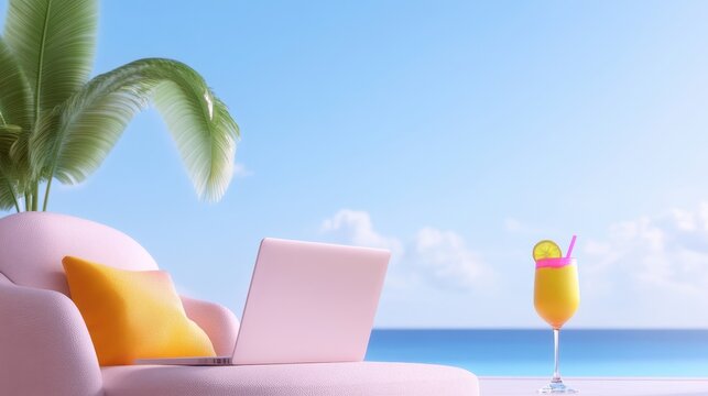 Remote work with laptop and tropical drink at beach resort