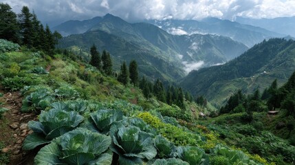 A stunning landscape features expansive cabbage fields cultivated on gentle slopes, surrounded by majestic mountains and cloud formations during daylight hours.