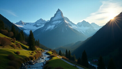 Stunning Majestic Mountain Landscape with Snow-Capped Peaks and Clear Blue Sky in Scenic Wilderness

