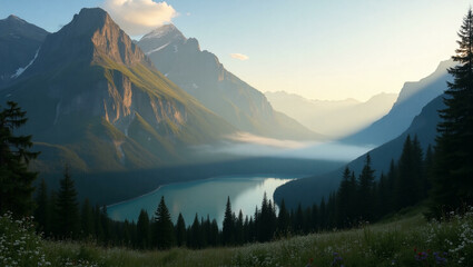 Stunning Majestic Mountain Landscape with Snow-Capped Peaks and Clear Blue Sky in Scenic Wilderness


