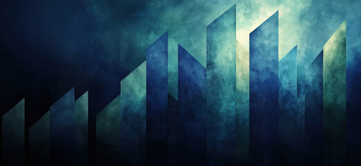 Abstract geometric landscape with towering shapes and moody color palette.