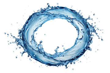 Dynamic blue water splash forming a circular vortex with droplets on black isolated on a transparent background