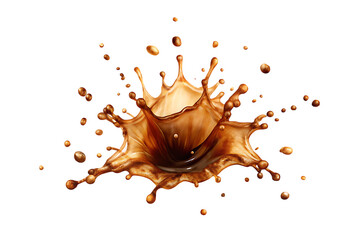 Dynamic coffee splash with droplets and liquid motion isolated on a transparent background liquid splash