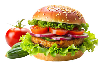 Delicious vegetarian burger with fresh lettuce tomato onion and cucumber on black background isolated on a transparent background