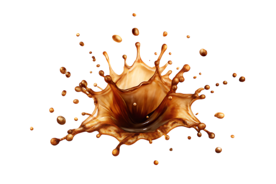 Dynamic coffee splash with droplets and liquid motion isolated on a transparent background liquid splash
