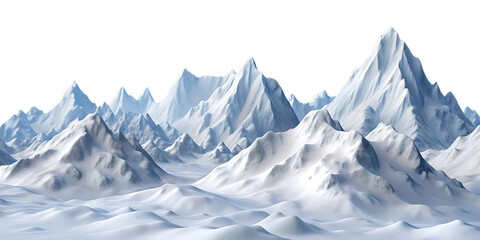Jagged snow covered mountain peaks and valleys in a winter landscape isolated on a transparent background