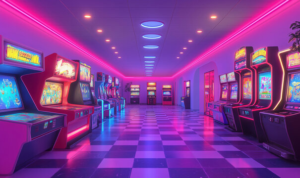 Neon-lit arcade with vintage gaming machines and vibrant atmosphere. - Powered by Adobe