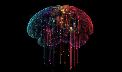 Colorful abstract brain illustration with digital data streams and neural connections.