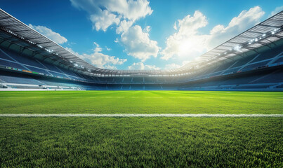 Fototapeta premium Vibrant green soccer field under bright blue sky in modern stadium.