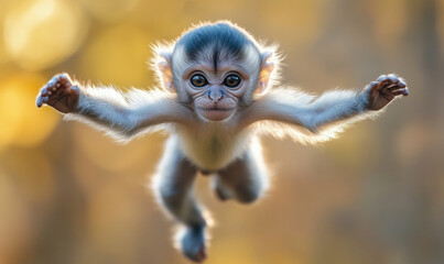 Playful baby monkey in mid-air with expressive eyes and fluffy fur.