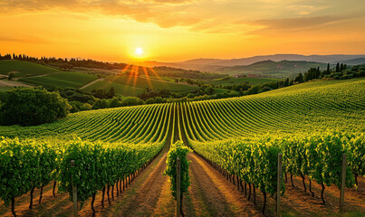 Stunning sunset over lush vineyard landscape in Tuscany, Italy with rows of grapevines.