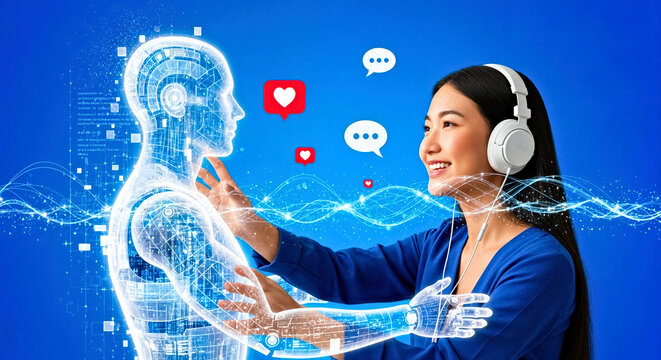 Smiling Young Asian Woman Reaches Out to Hug a Glowing Humanoid Ai Figure