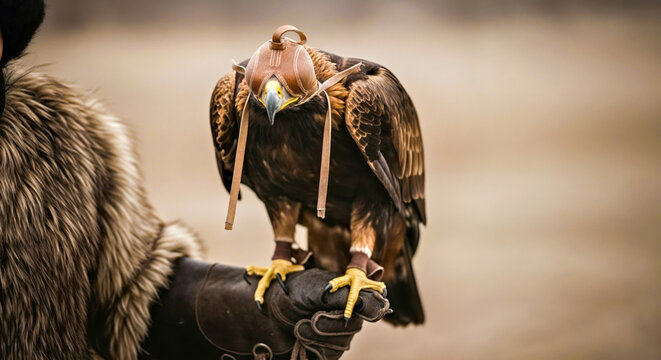 Golden Eagle in Leather Falconry Hood Sits on Gloved Hand of Man